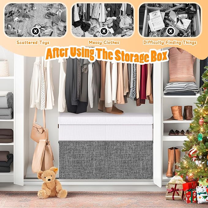 Large Toy Storage Box with Lid Divider, Sturdy Collapsible Toys Organizer Chest Kids Storage Bins Boxes Baskets for Boys, Girls, Nursery, Bedroom, Living Room, Playroom, 25"x13"x16", Gray and White