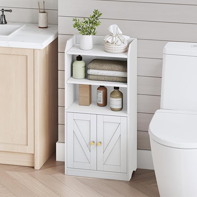 Small Bathroom Storage Cabinet, Bathroom Organizers and Storage with 2 Doors and Shelves, Floor Cabinet Freestanding with Adjustable Shelf for Small Spaces, White 7.9" D x 14.6" W x 29.6" H