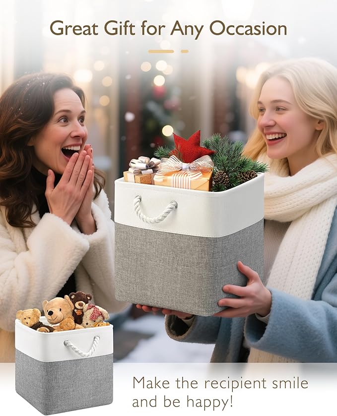11 Inch Cube Storage Bins, 4 Pack Fabric Storage Cubes with Rope Handles, Organizer Baskets for Closet Shelves, Clothes and Home Organization(White/Gray)
