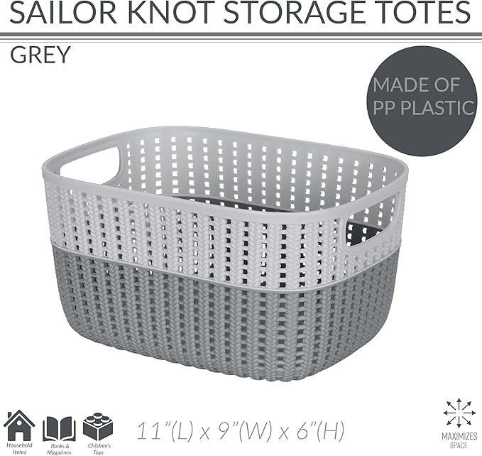 Simplify 2 Tone Sailor Knot Plastic Storage Tote | Decorative Basket | Closet Organization | De-clutter | Accessories | Toys | Bathroom Organization | Medium | Grey/Grey