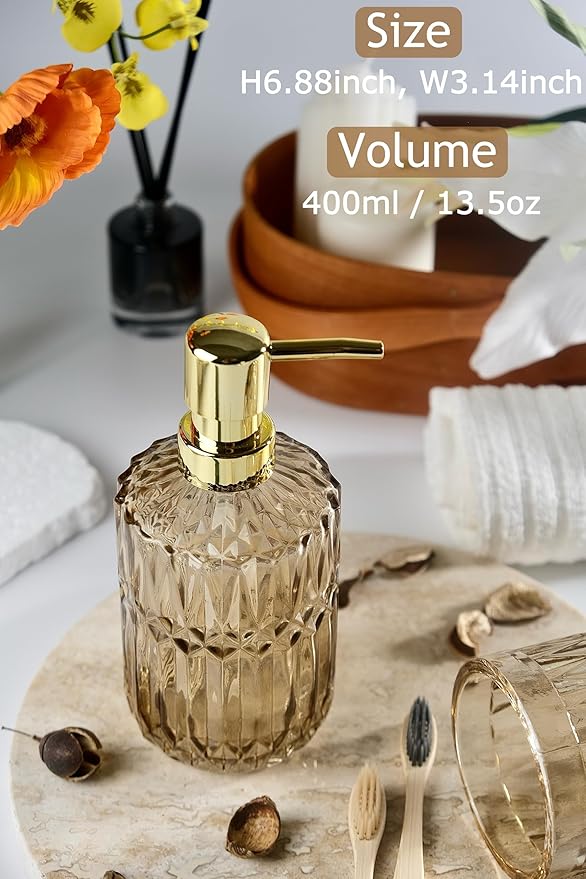 Brown Glass Soap Dispenser with Gold Rust Proof Pump, Refillable Thicken Glass Kitchen Soap Dispenser, Lotion Dispenser Bathroom for Dish Soap, Hands Soap, Body Wash, Bathroom Accessories