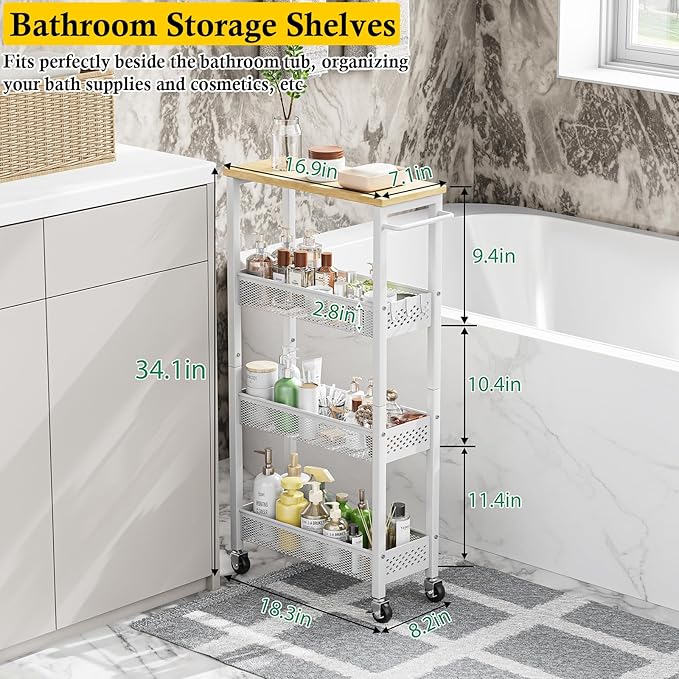 Utility Slim Storage Cart, 4 Tier Small Rolling Kitchen Laundry Room Cart with Wood Top, Metal Narrow Bathroom Storage Cabinet Mobile Shelf Unit Organizer Trolley with Handle for Narrow Space