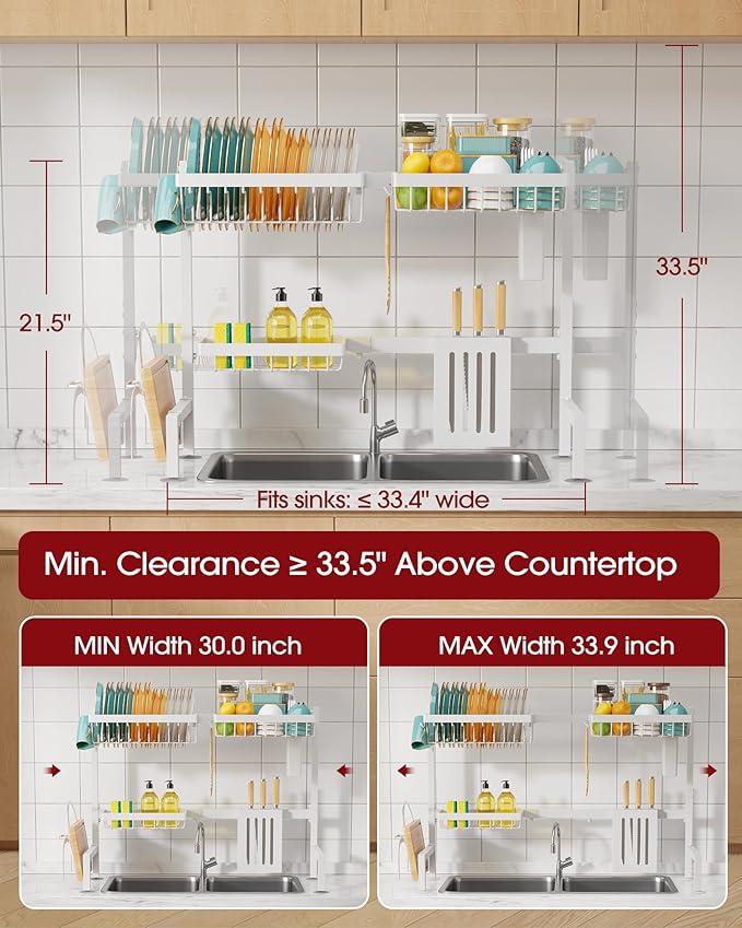 Over The Sink Dish Drying Rack - Adjustable 2 Tier Large Capacity Stainless Steel Drainer with Cutlery & Utensil Holders, Kitchen Storage & Organization, 30"-33.9" L x 11" W x 21.5" H, White