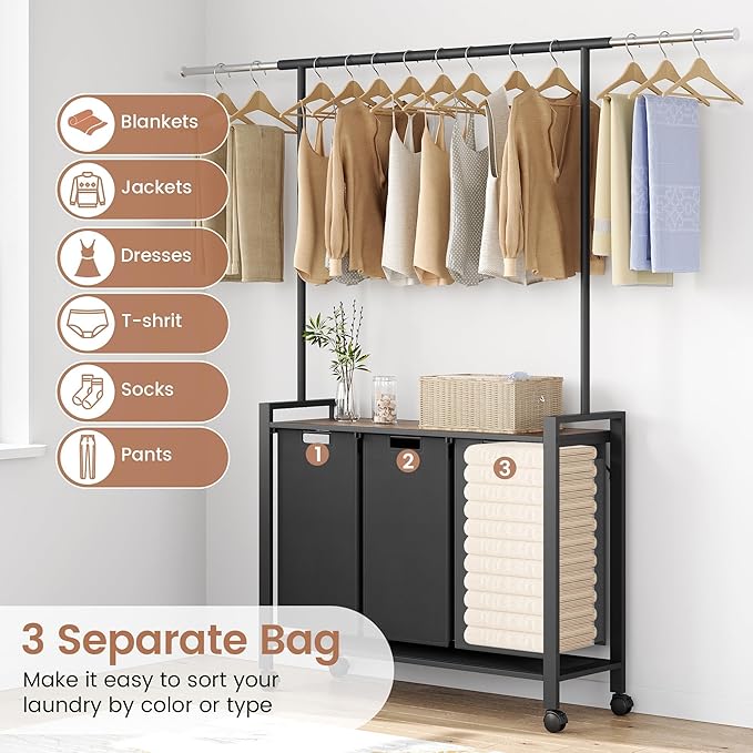 GarveeHome Laundry Sorter, Laundry Hamper 2-Section With Hanging Rack, Rolling Laundry Hamper With Removable Laundry Basket,Laundry Basket Organizer for Laundry Room, Rustic Brown