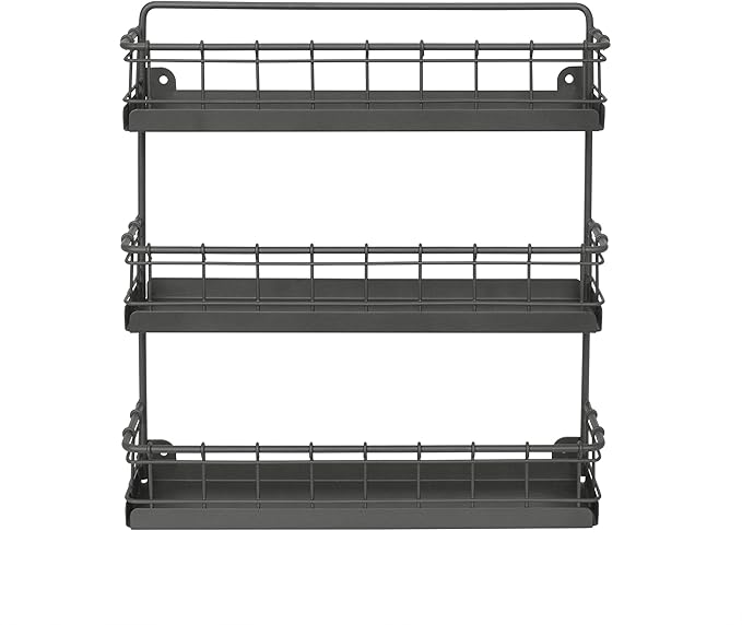 Spectrum 3 Tier Hanging Spice Rack for Wall Black Steel Kitchen Spice Organizer, Wall Mounted Metal Three Tier Metal Spice Organizer Rack for Kitchen Cabinet Pantry Organization