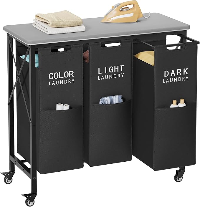 3 Section Laundry Sorter with Ironing Board, Laundry Hamper with Removable Bags, Heavy Duty Rolling Laundry Cart with Lockable Wheels for Bathroom Bedroom, black