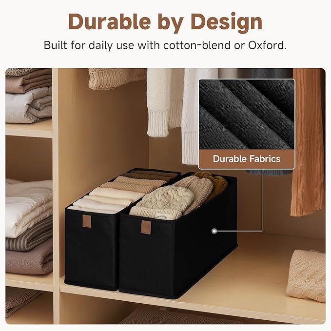 StorageWorks Long Narrow Storage Basket, Collapsible Fabric Storage Bins, Small Baskets for Organizing with PU Handle, Great for Clothes, Towels, and Socks, Black, 2-Pack