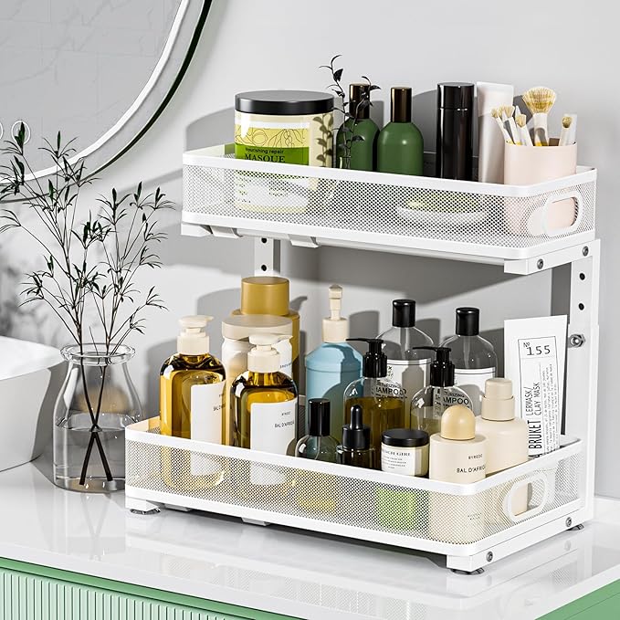 Under Sink Organizer, High Adjustable 2 Tier Under Sink Organizers and Storage, Slide Out Metal Cabinet Organizers, Pull Out Sink Storage Drawer Shelf for Kitchen Bathroom Cabinet, White, 2 Pack