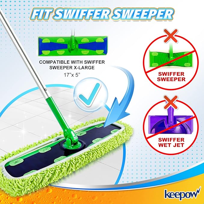 KEEPOW Reusable XL Wet Pads Refills for Swiffer XL Mop Sweeper, X-Large Dry-Sweeping / Wet-Mopping Microfiber Cloths for Surface/Hardwood Floor Cleaning, 2 Pack
