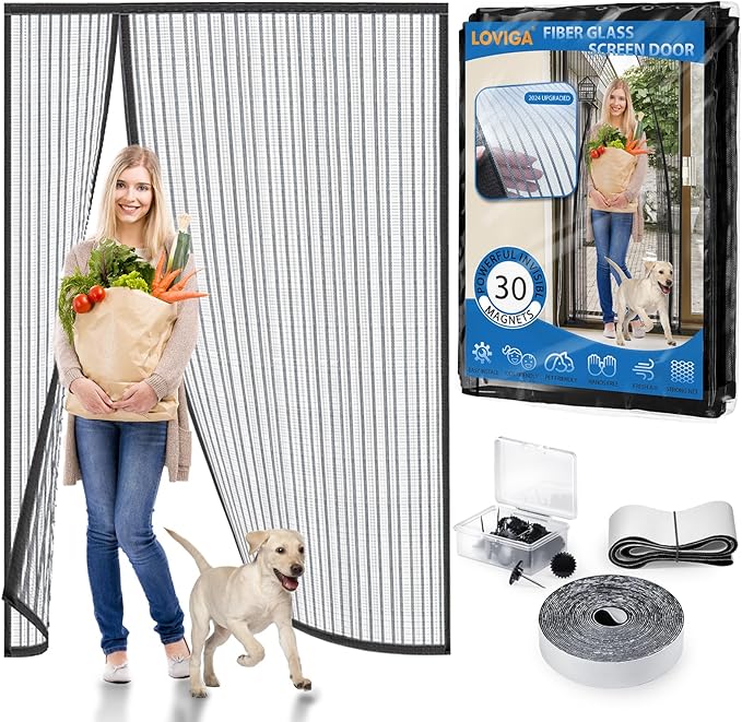 Heavy Duty Door Screen Magnetic Closure, LOVIGA 2024 Thickened Fiberglass Screen Door Mesh, Self Sealing, Left Side Opened, Pets Friendly, Fine Mesh Keep Bugs Out Fit Door Size 72 Inch X 80 Inch