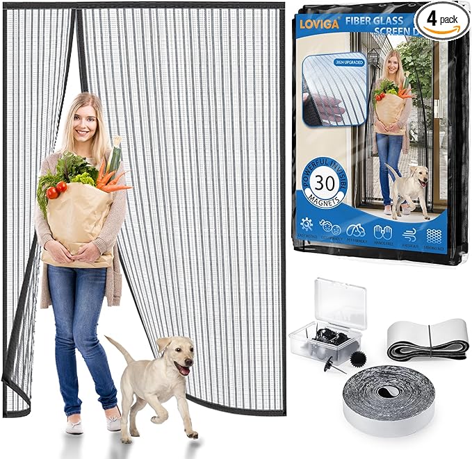 Heavy Duty Door Screen Magnetic Closure, LOVIGA 2024 Thickened Fiberglass Screen Door Mesh, Self Sealing, Left Side Opened, Pets Friendly, Fine Mesh Keep Bugs Out Fit Door Size 72 Inch X 95 Inch