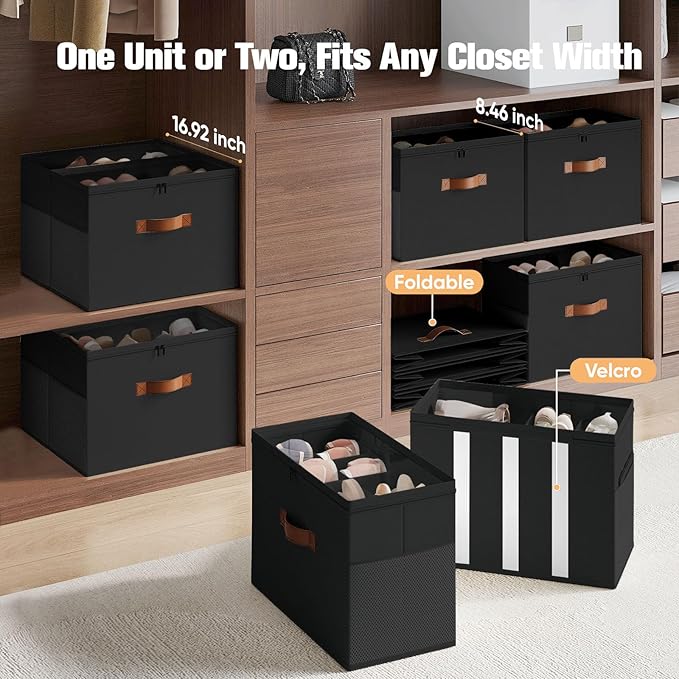 2 Pack Shoe Organizer for Closet,Foldable Shoe Storage Organizer with Adjustable Dividers, Shoe Storage Box with Clear Cover, Fits up to 16 Pairs, Black