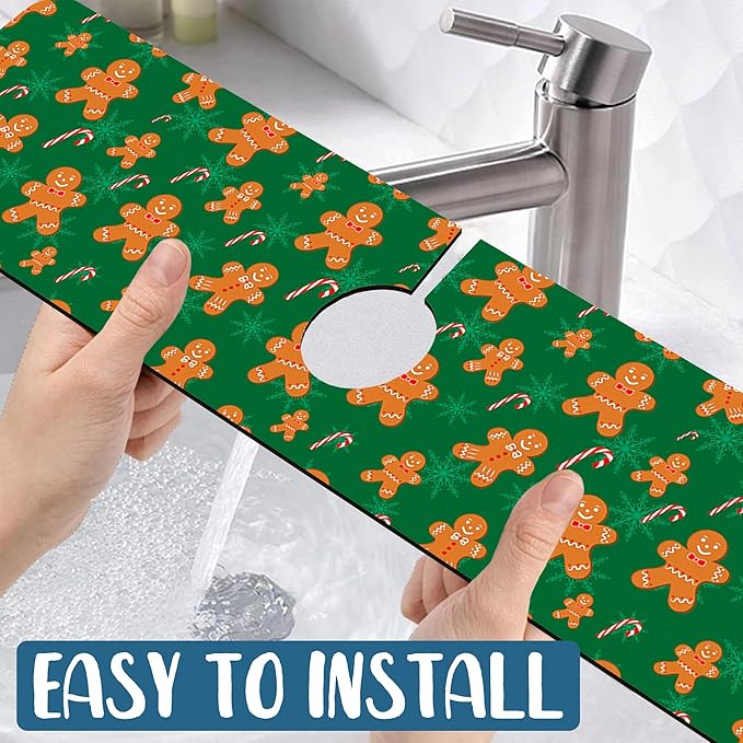 Christmas Happy New Year Sink Faucet Absorbing Mat Santa Claus Super Absorbent Fast Drying Mat Sink Gadgets Behind Faucet Sinkmat for Kitchen Bathroom, 23.5"x5.5"