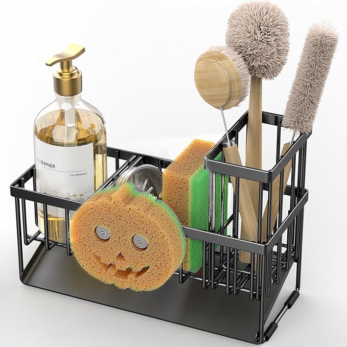 Cisily Kitchen Sink Caddy Organzier with High Brush Holder, Sponge Holder for Sink, 304 Rustproof Stainless, Kitchen Countertop Soap Dispenser Organizer (Black With Smiley Face Holder, 9.25″)