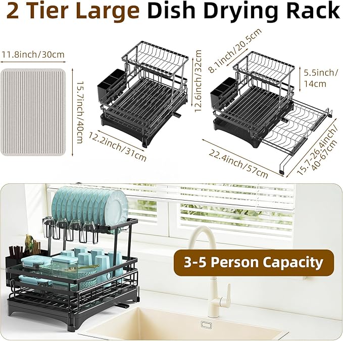 AULEEP 2 Tier Dish Drying Rack, 2-in-1 Expandable Dish Drying Racks for Kitchen Counter, Anti-Rust Large Dish Drainers for Kitchen Sink with Dish Drying Mat, Cups Holder, Utensil Holder