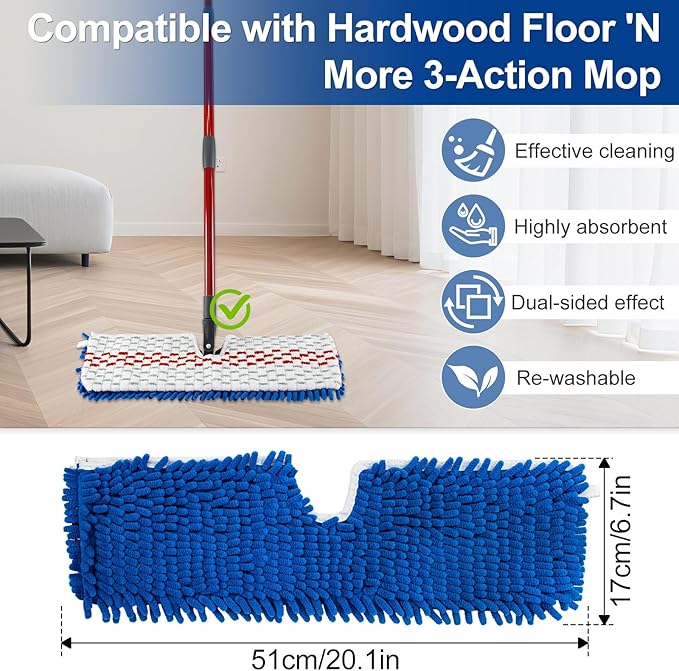 Mop Heads Replacements for Ocedar 3-Action Microfiber Flip Mop, 3 Pack Double Sided Mop Replace Head Mop Refills with Microfiber & Chenille for Dry Wet Use, Reusable, Machine Washable