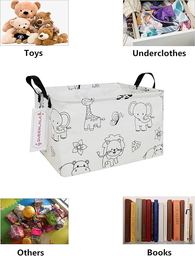 QUEENLALA Rectangular Laundry Hamper/Foldable Nursery Laundry Basket for Organizing/Storage Bin Baskets/Children Toy Office Bedroom/Toy Bin Closet Shelf Baskets（Rec-Zoo）