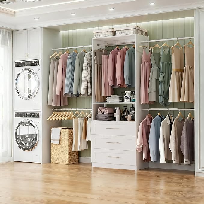 Closet System with 3 Drawers, 4–8.5 Ft Closet Organizer System with 5 Adjustable Hanging Rods & Shelves, Wood Walk-In Closet System, Built-In Modular Closet Kit, Sturdy Garment Rack, White