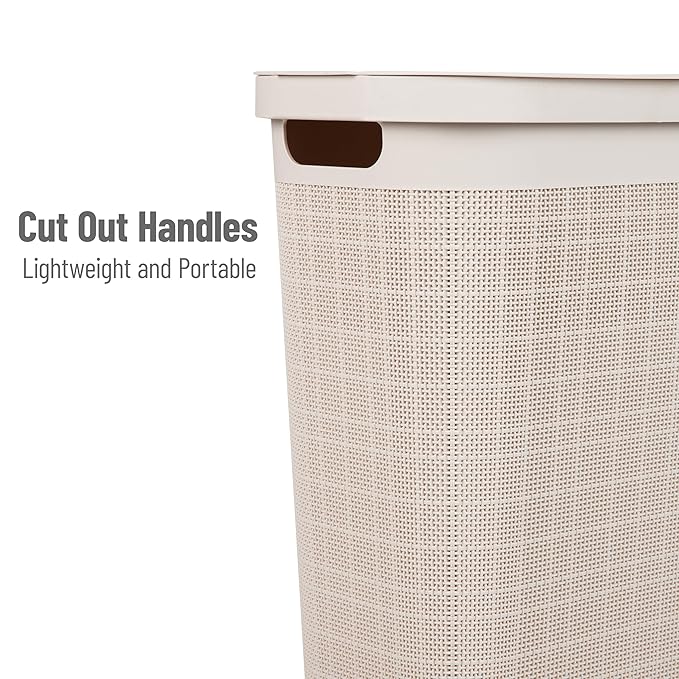 Mind Reader Slim Laundry Hamper with Lid, 40L Clothes Basket, Linen Design, Plastic, Ivory