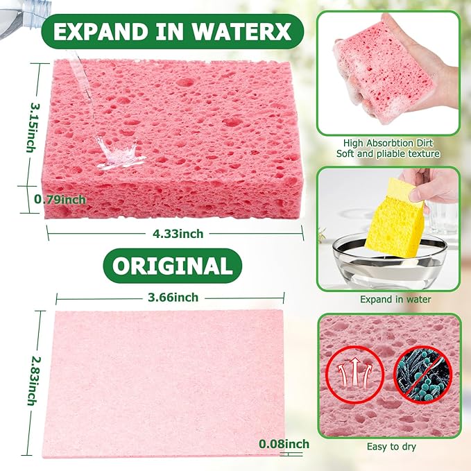 Compressed Natural Cellulose Sponges 24 Pack Regular Size Multicolor Soft Reusable Non-Scratch Long-Lasting Basics Dish Washing Sponges for Kitchen Cookware and Bathroom, DIY Cuts-Out for Fun