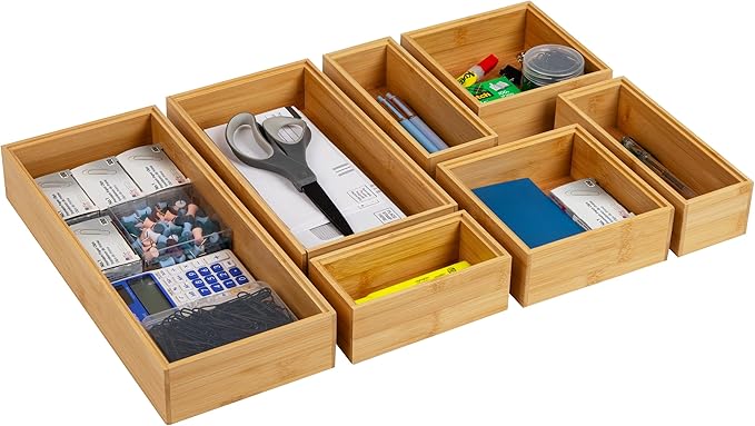 Mind Reader 7-Piece Bamboo Drawer Organizer Set, Storage Trays for Kitchen, Bathroom, Office, Makeup, Jewelry & More, Utensil Holder, Rayon from Bamboo, 21"L x 13.875"W x 2.375"H, Brown