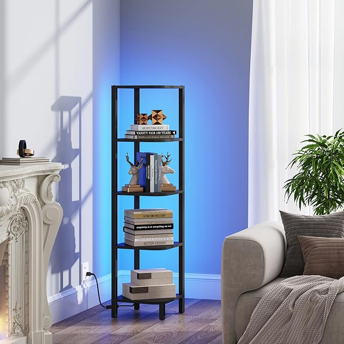 TUTOTAK Corner Shelf with LED Light, 5-Tier Corner Bookshelf for Small Space, Narrow Display Corner Shelf Stand with Storage Rack, for Living Room, Bedroom, Black BS08BK005L