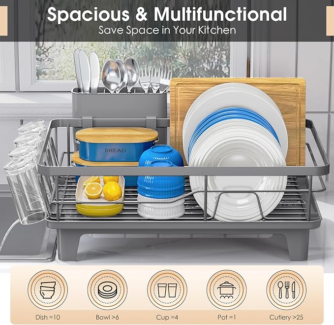 Dish Drying Rack for Kitchen Counter, Sink Dish Rack with Drainboard, Large Dish Drainer with Cups Holder, Home Countertop Plate Dryer Storage Rack with Cutlery Holder, Gray