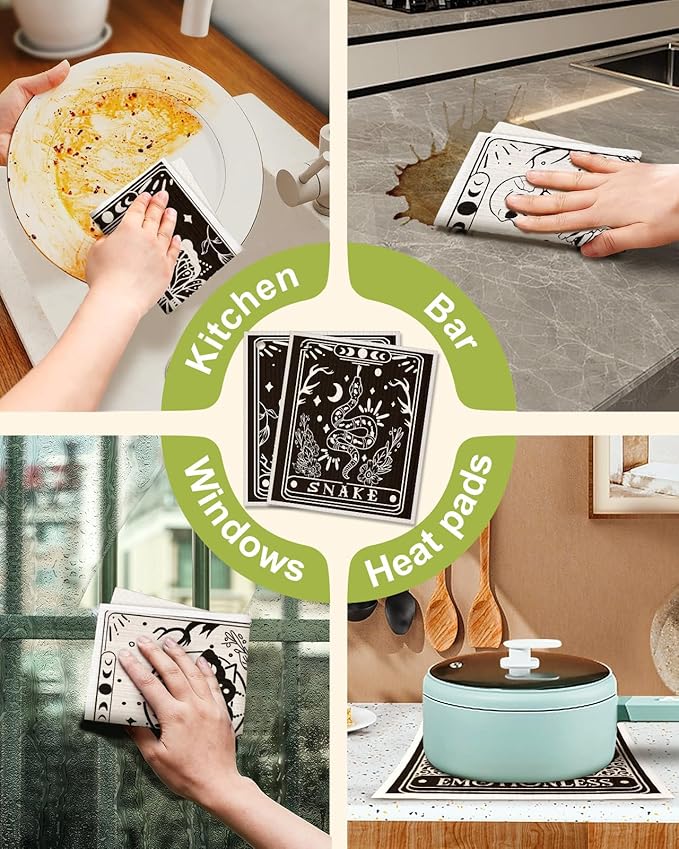 8 Pack Reusable Kitchen Dishcloths - Absorbent, Fast Drying, Washable Swedish Towels with Cute Black Skull Design
