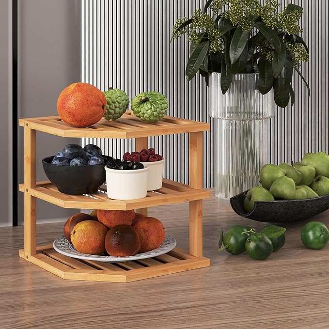 3 Tier Bamboo Corner Shelf(2 Pack),Dish Drying Rack,Plate Organizer,Kitchen Spice Rack for Countertop and Cabinet