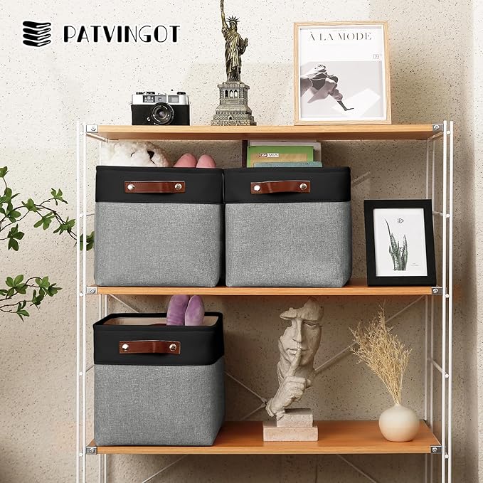 4-Pack Foldable Fabric Storage Cubes 11x11 Inch, Sturdy Cube Organizer Bins with Leather Handles, Storage Baskets for Closet Shelves and Home Organization(Dark/Gray)