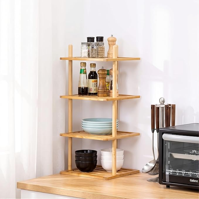 2Pcs 3-Tier Cabinet Organizer Shelf - Bamboo Corner Rack for Kitchen Counter, Cabinet Space Saver for Plates, Dishes, Bowls, Bread - Pantry and Bathroom Storage or Countertop (2, 3Tier-Large-6.7"H)