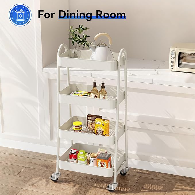 OLIXIS 4 Tier Utility Rolling Cart, Metal Mobile Storage Shelf with Lockable Caster Wheels, Organization for Livingroom, Bathroom & Narrow Places, 4-Tier White