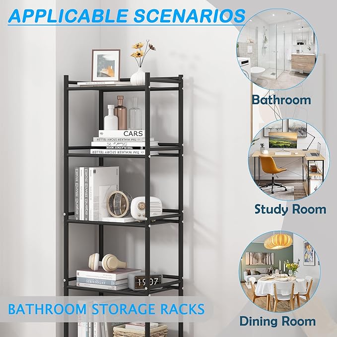 5 Tier Bathroom Storage Open Shelf Unit, Free-Standing Metal Corner Rack Shelving for Kitchen, Living Room, Hallway (Black, Wider 5 Tier)