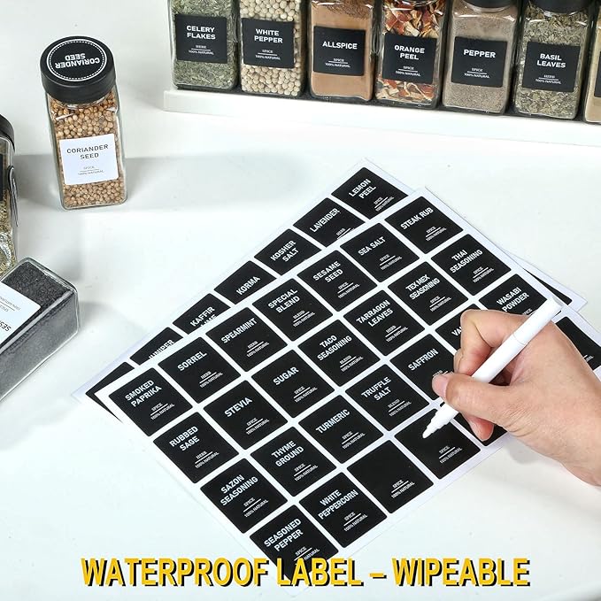 162 Spice Labels Stickers, Preprinted White Spice Jar Labels for Herbs Seasonings, Spice Rack Pantry Organization, Minimalist Black Text (Black 2)