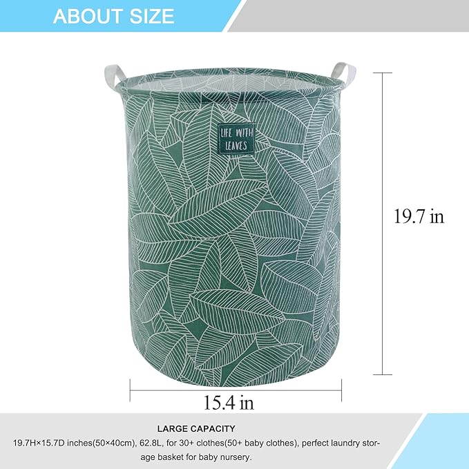 Mziart Large Foldable Laundry Basket Organizer, Collapsible Laundry Hamper Fabric Clothes Toy Storage Basket Nursery Hamper Storage Bin for Household Bedroom, Bathroom, College Dorm (Big White Leaf)
