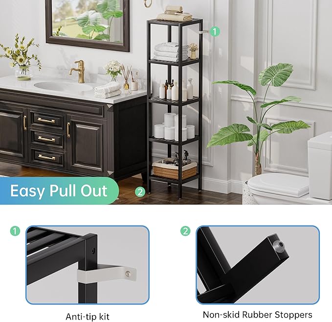 SMIBUY Bathroom Storage Shelf, 5-Tier Bamboo Rack Organizer, Multifunctional Shelving Unit for Living Room Bedroom Kitchen (Black)