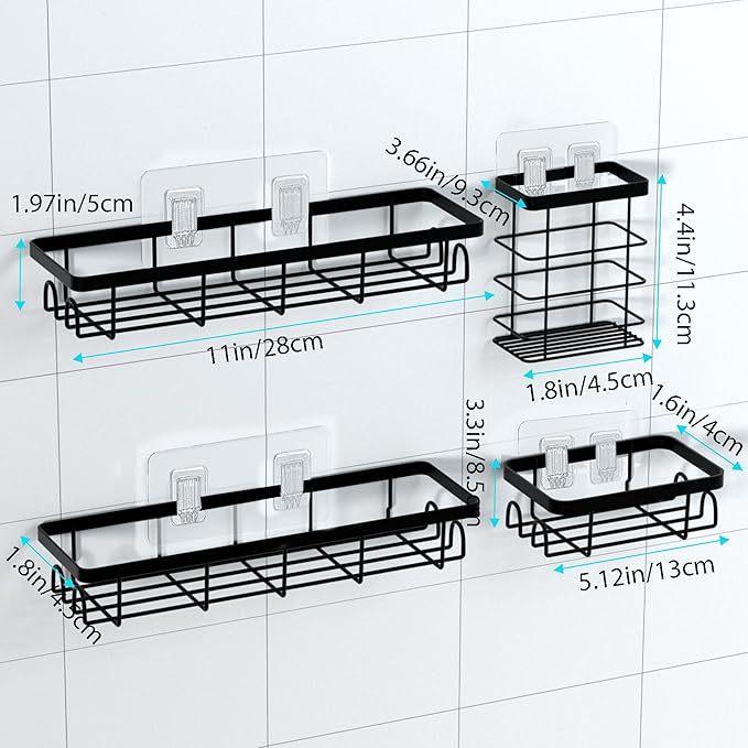 Uninol Shower Caddy Organizer with Hooks,Self Adhesive Bathroom Shelves,No Drilling Bathroom Organizers and Storage,Perfect for RV, Apartment, Home Decor,Black 4PCS
