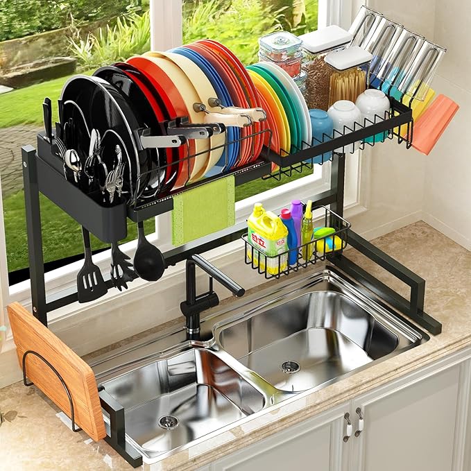 ADBIU 【Fit Sink 24"- 35.6" L 2024 Over The Sink Drying Rack (Expandable Dimension) Snap-On Design 2 Tier Large Dish Rack Kitchen Count Organization and Storage