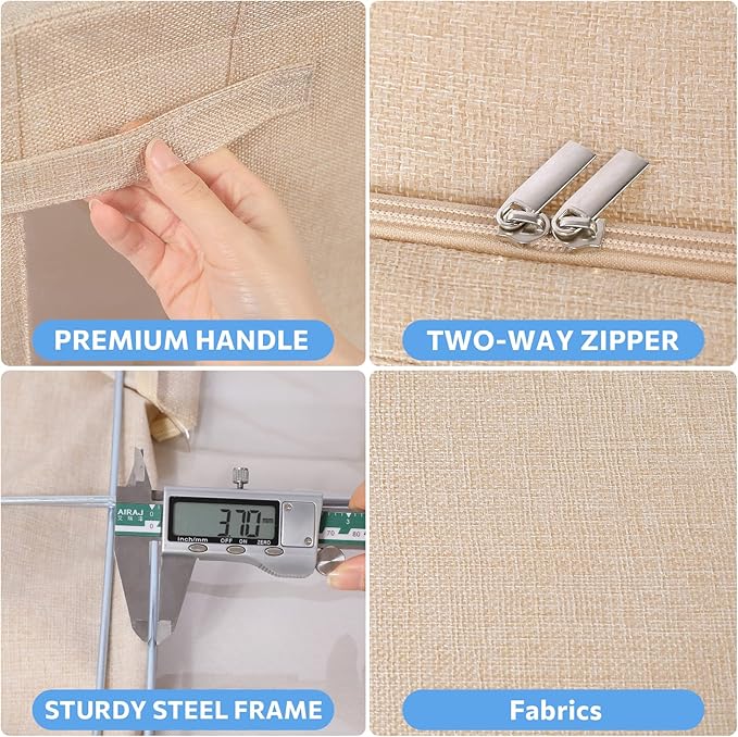 CYhom Clothes Storage Bins Box - Linen Fabric Foldable Stackable Container Organizer Set with Clear Window & Carry Handles & Metal Frame - 2Pack Large Capacity for Bedding, Blankets, Books