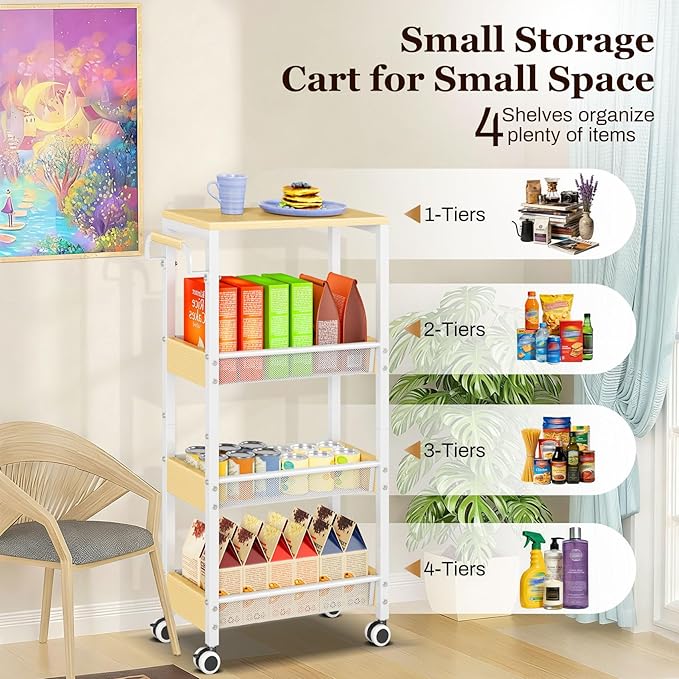 Utility 4 Tier Rolling Cart for Small Spaces, Slim Storage Cart with Wheels, Metal Narrow Kitchen Rolling Storage Cart with Wood Top& Handle for Laundry Room, White Thin Rolling Cart 7.9"(W)