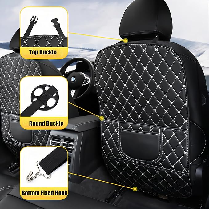 Leatherette Car Seat Protector - 2 Pack Large Car Kick Mats with Storage Pockets Organizer Seat Back Cover Against Dirty Shoes & Scratches, Universal Fit for Most Vehicles, Black with Beige Line