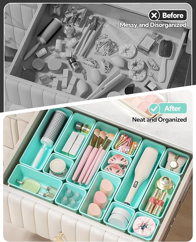 13 Pack Plastic Drawer Organizers Set, 3 Sizes Desk Drawer Organizer Trays for Vanity and Makeup Organizer, Organization and Storage for Makeup, Kitchen Utensils, Bathroom and Office(Blue)