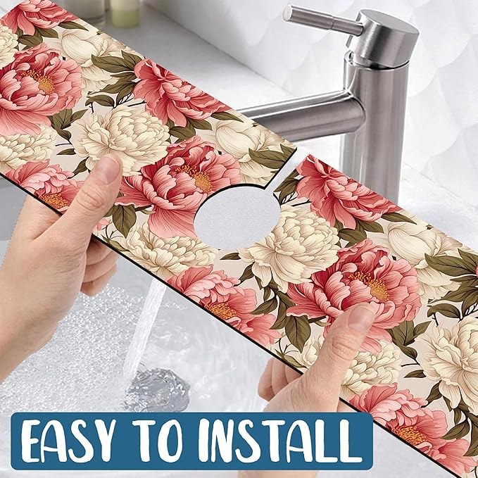 Beautiful Peony Sink Faucet Absorbing Mat Bright Peonies Super Absorbent Fast Drying Mat Sink Gadgets Behind Faucet Sinkmat for Kitchen Bathroom, 23.5"x5.5"