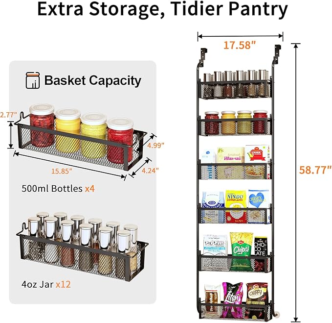Over the Door Pantry Organizer, 6-Tier Pantry Door Organization and Storage, Over the Door Spice Rack, Home & Kitchen Storage Shelves for Cabinet, Black