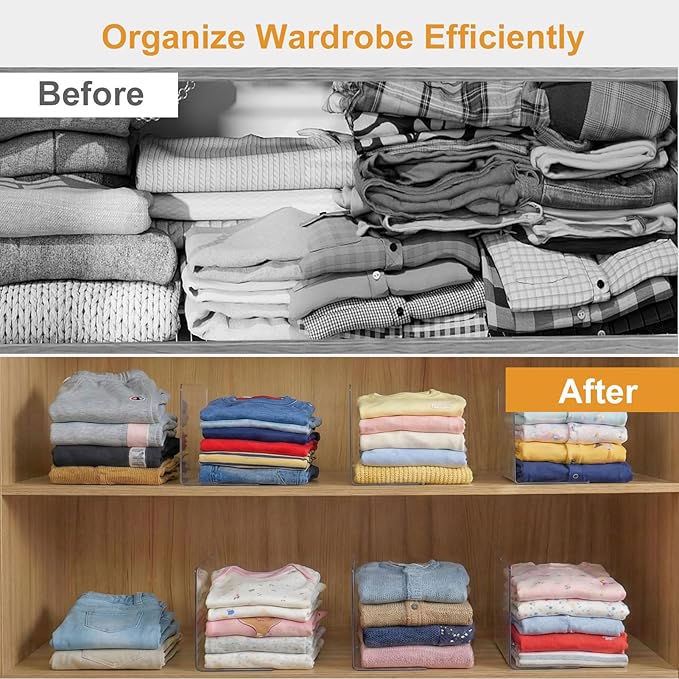 Shelf Dividers for Closet Organization: 6" Tall x 10" Deep, Deeper Adhesive Separators Features Acrylic Material and Provides Storage for Babywear and Purses in Bedroom Cabinets(8-Pack)