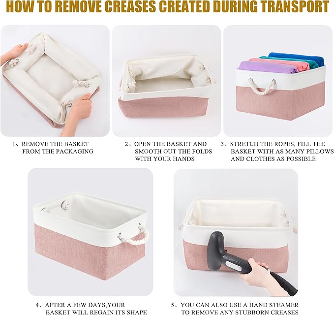 Storage Bins with Sturdy Cotton Handles(1 Pack), Fabric Storage Baskets for Organizing use for Office & Home, Book, Clothes, Toys, Closet Boxes (Large, Pink-White, 15.7x11.8x7.9 inches)