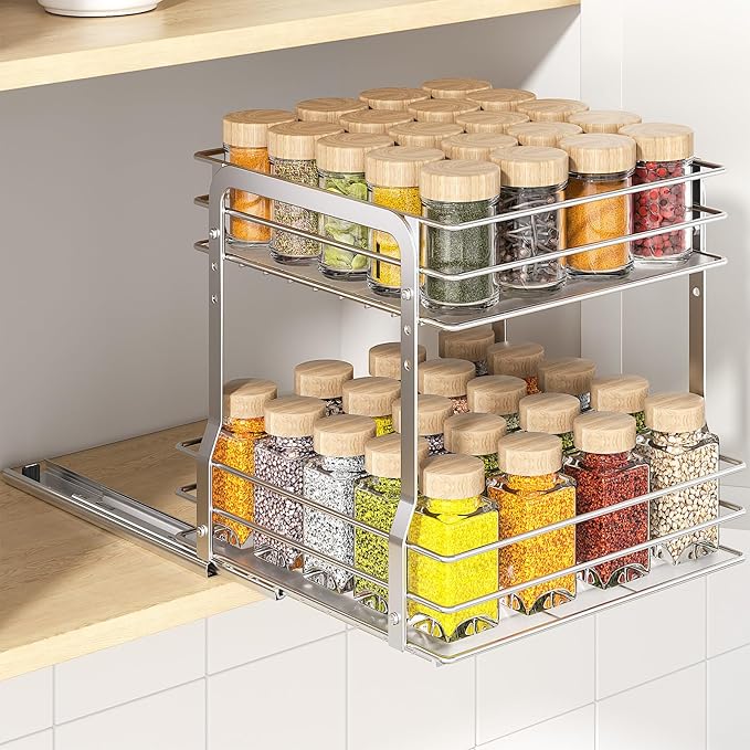 Pull Out Spice Rack Organizer for Inside Cabinet, 2 Tier Metal Spice Organization for Cabinet, Vertical Slide Out Seasoning Organizer, 9.65"W x 10.7"D x 10.24" H (Not for Cabinet with Lip)