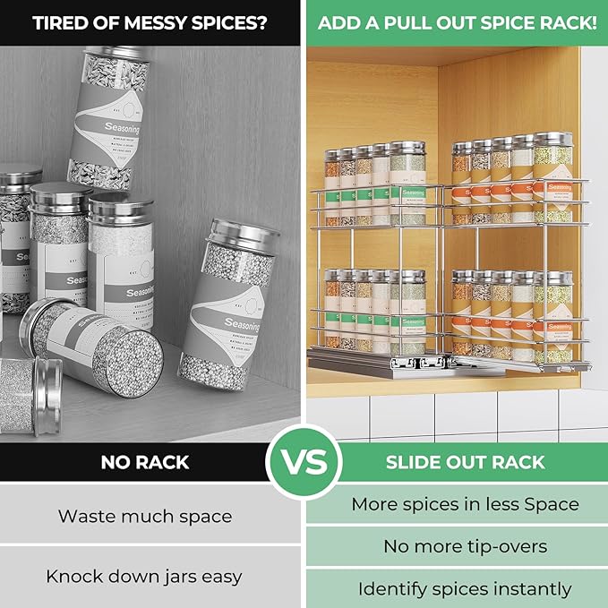 Pull Out Spice Rack Organizer for Cabinet, Slide Out Spice Racks, Easy to Install Spice Cabinet Organizers, 5.28" Wx10.43 Dx8.26 H, 2 Drawers 2 Tiers(Silver)