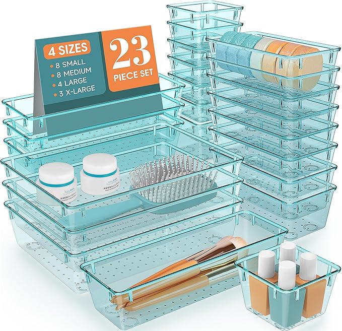 28 PCS Clear Plastic Drawer Organizers Set, 4 Size Desk Drawer Organizer Trays for Makeup, Jewelry, Kitchen Utensils, Gadgets and Office Accessories, Sea Blue