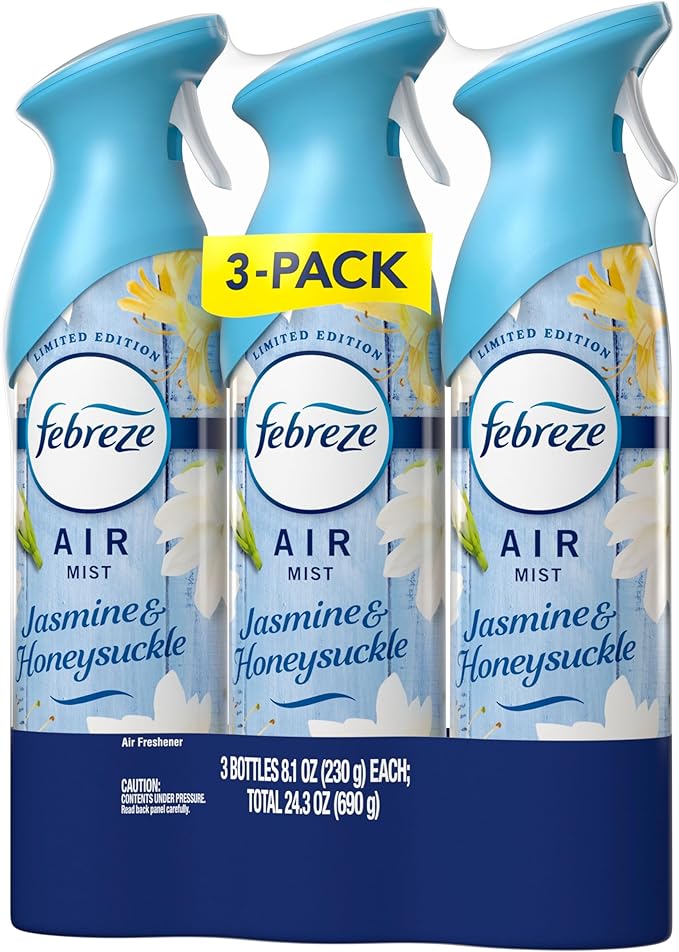 Febreze Air Mist, Air Freshener Spray, Odor Fighting Room Spray, Deodorizer for Home Bathroom Kitchen Office Apartment Dorm Room Classroom, Jasmine & Honeysuckle Scent, 8.1oz (Pack of 3)